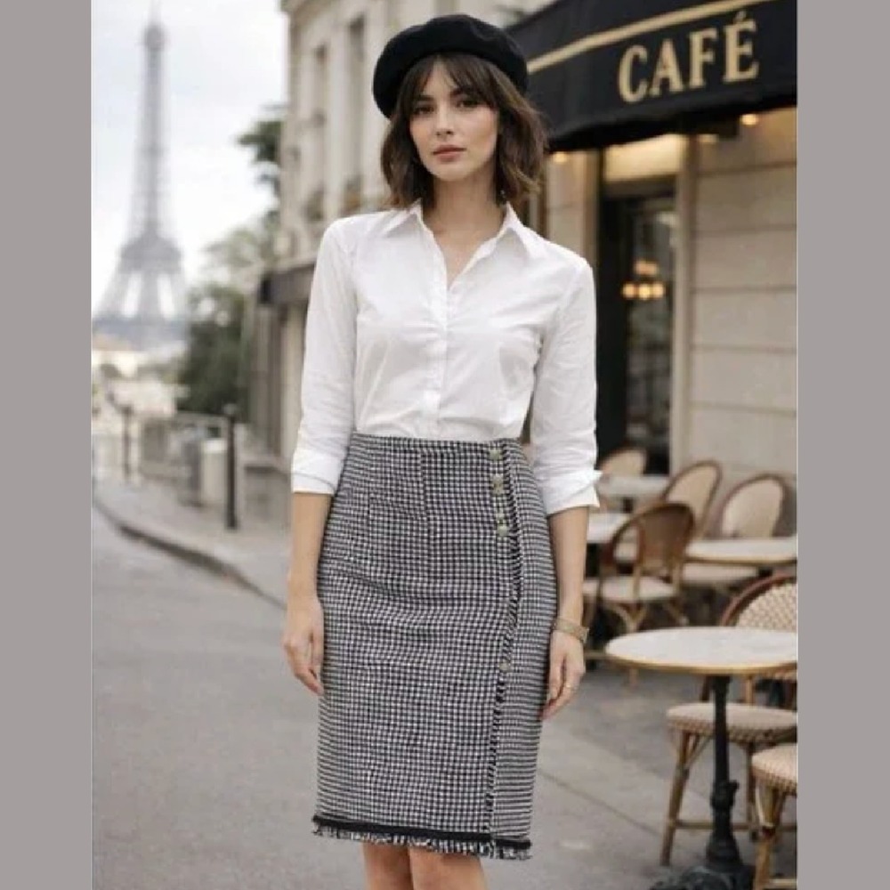 Talbots Houndstooth Faux Wrap Pencil Skirt Sz 6 S Black White Gold Button Fringe